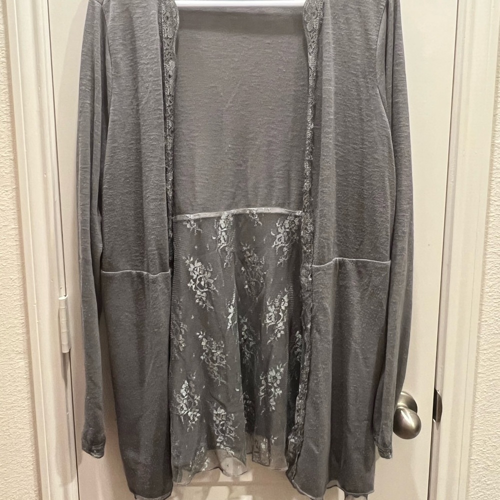 Gray long line open front cardigan